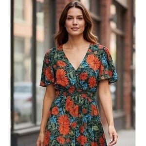 Abel The Label | Dresses | Abel The Label Floral Smocked Tiered Midi Dress  Womens Size Xs Blue Orange | Poshmark
